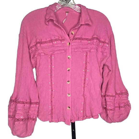 Free People Tops - Free People Summer Stars gauzy Pink Boho blouse Size Small Cotton Crochet button